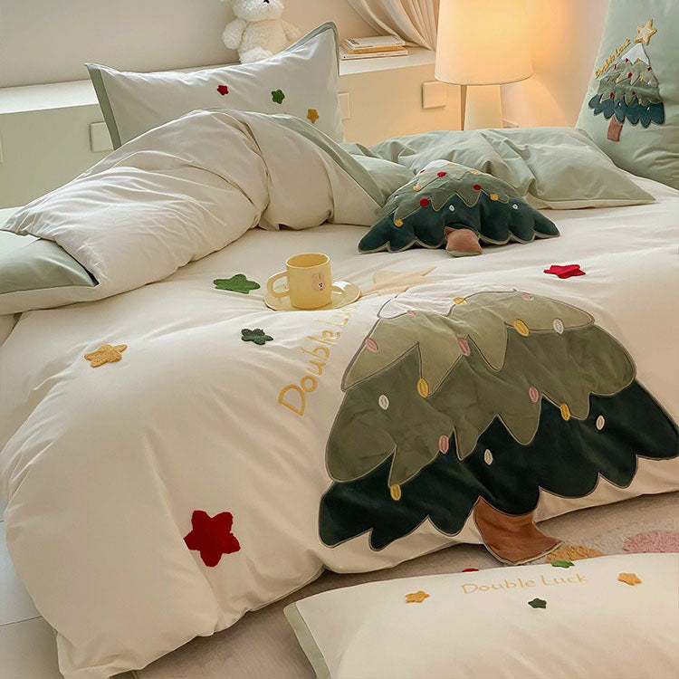 Wish Tree Brushed Towel Embroidered Cotton Warm Four-Piece Bed Set - Harmony Gallery