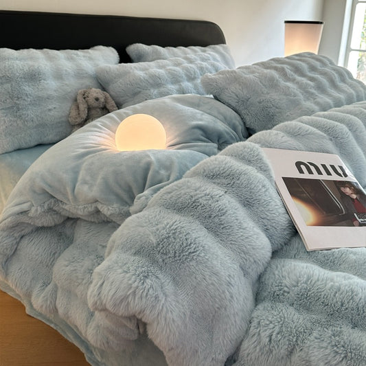 Rabbit Winter Warm Coral Flannel Velvet Four-Piece Bed Set - Harmony Gallery