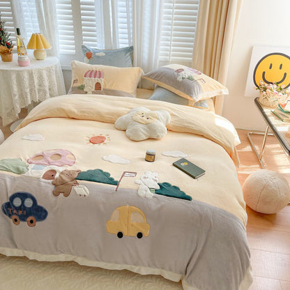Cute Cartoon four-piece winter Coral Velvet Winter Four-Piece Bed Set - Harmony Gallery