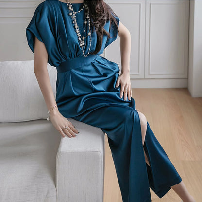 Chic Teal Dolman Sleeve Satin Midi Dress with Waist Belt - Harmony Gallery