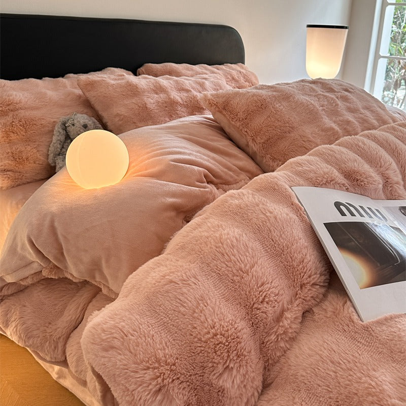 Rabbit Winter Warm Coral Flannel Velvet Four-Piece Bed Set - Harmony Gallery