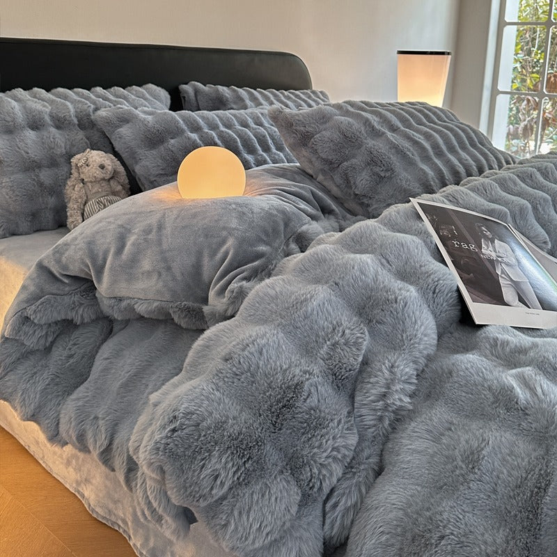 Rabbit Winter Warm Coral Flannel Velvet Four-Piece Bed Set - Harmony Gallery