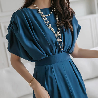 Chic Teal Dolman Sleeve Satin Midi Dress with Waist Belt - Harmony Gallery