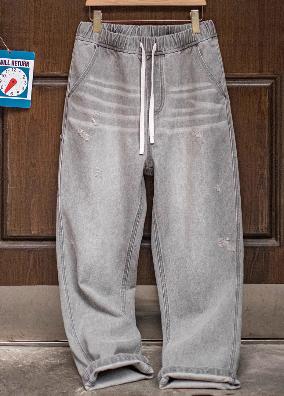 American Retro Washed Old Gray Ripped Cat Whisker Logging Men's Jeans - Harmony Gallery