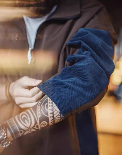 American Retro Stitching Half-Zipper Contrast Color Corduroy Pleated Men's Sweater - Harmony Gallery