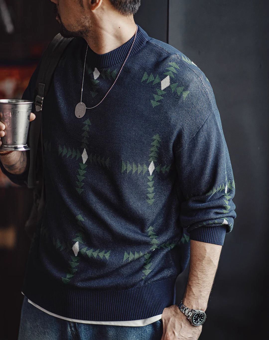 American Retro Geometric Plaid Knitted College Pullover Men's Sweater - Harmony Gallery