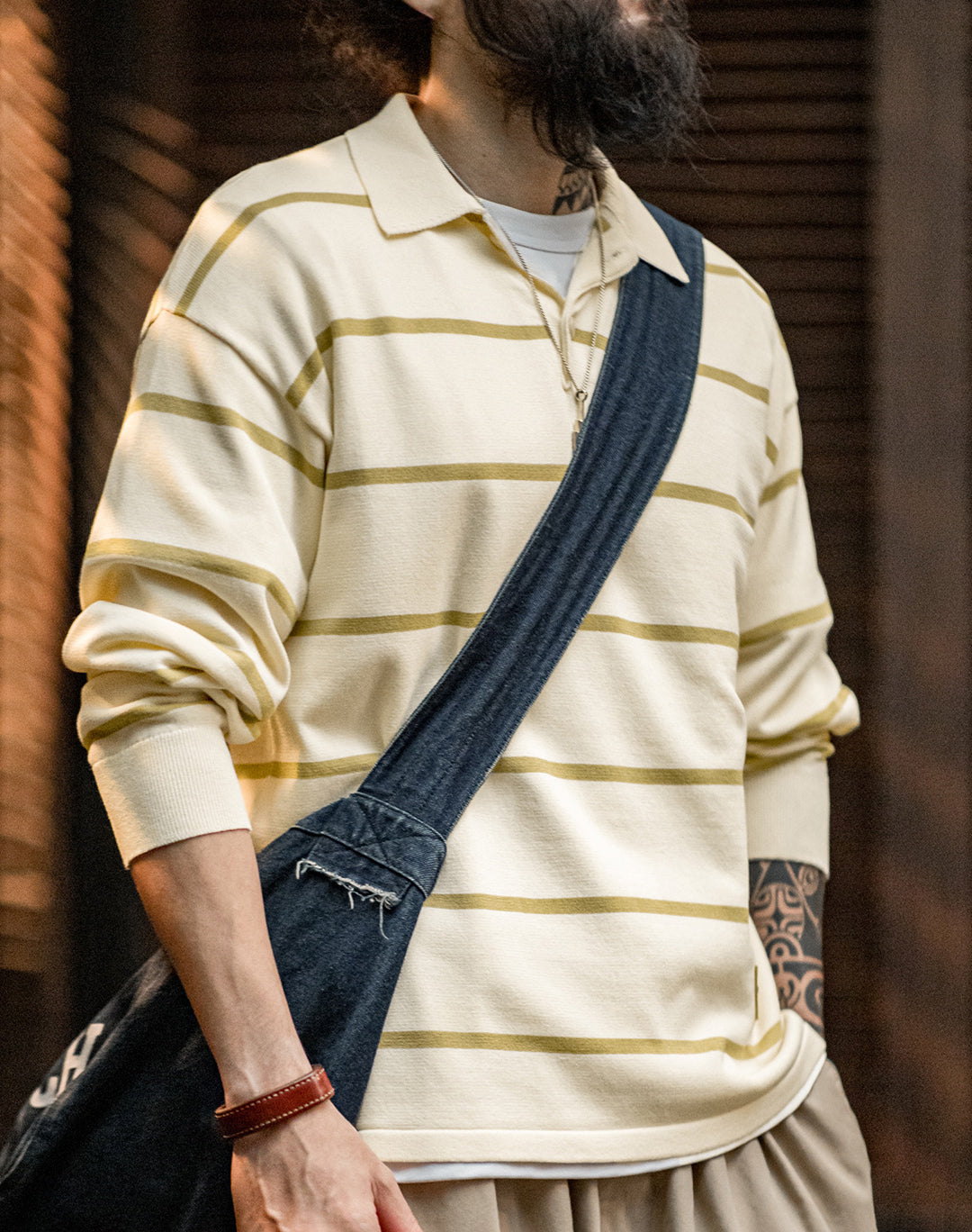 American Striped Knitted Polo Contrast Color Half-Open Men's Sweater - Harmony Gallery