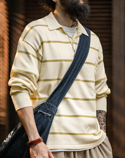 American Striped Knitted Polo Contrast Color Half-Open Men's Sweater - Harmony Gallery