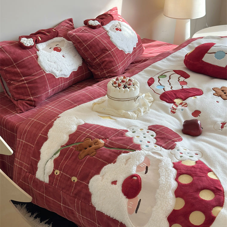 Christmas Wool Milk Velvet Four-Piece Winter Thick Warm Bed Set - Harmony Gallery