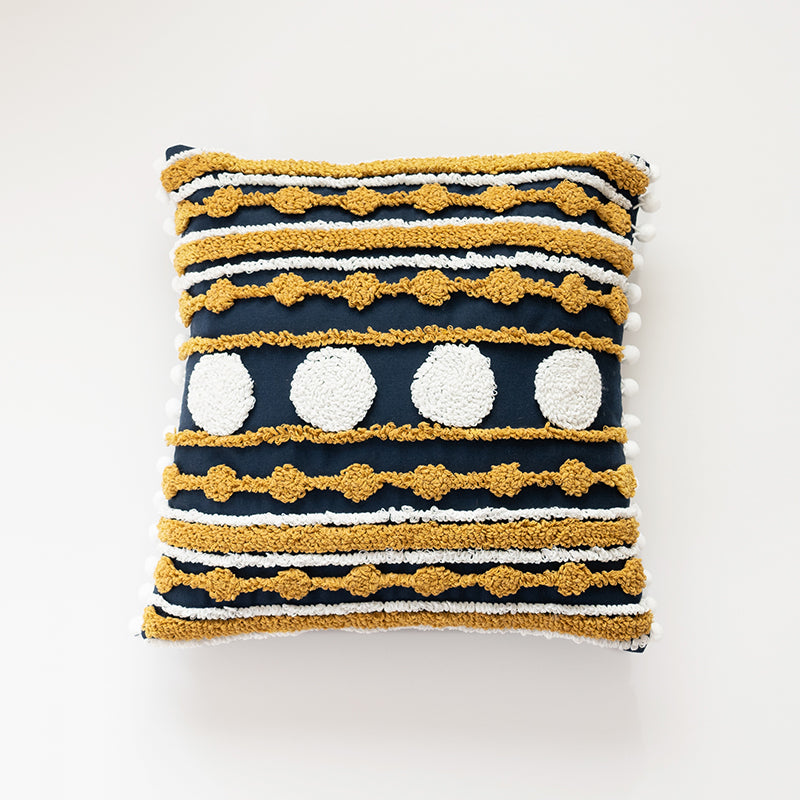 Nautical Charm Gold Accent Textured Throw Pillows with Pom-Pom Details - Harmony Gallery