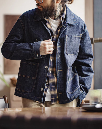 American Retro Workwear Denim Multi-Pocket Men's Jacket - Harmony Gallery