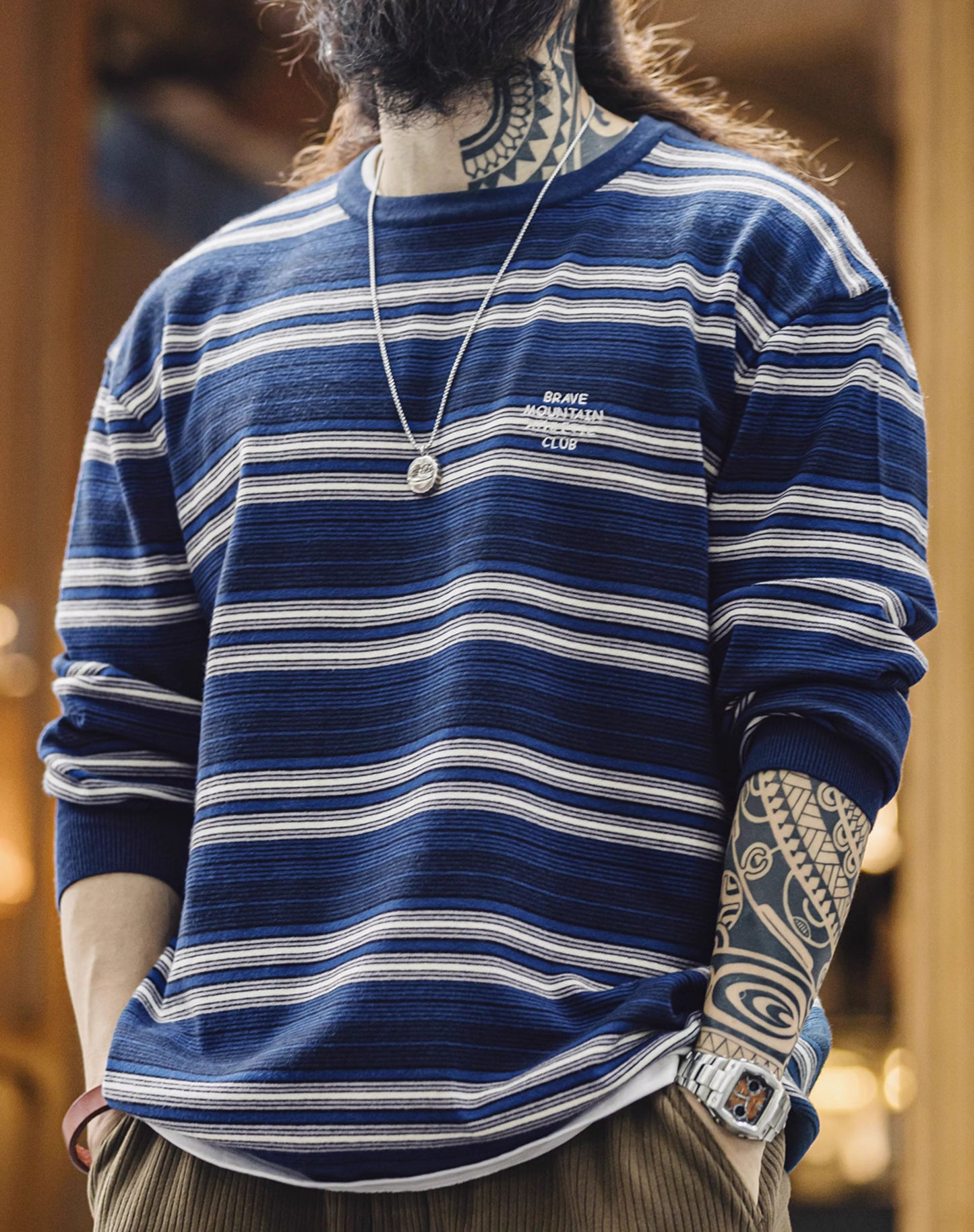 American Striped City Boy Blended Off-Shoulder Men's Sweater - Harmony Gallery