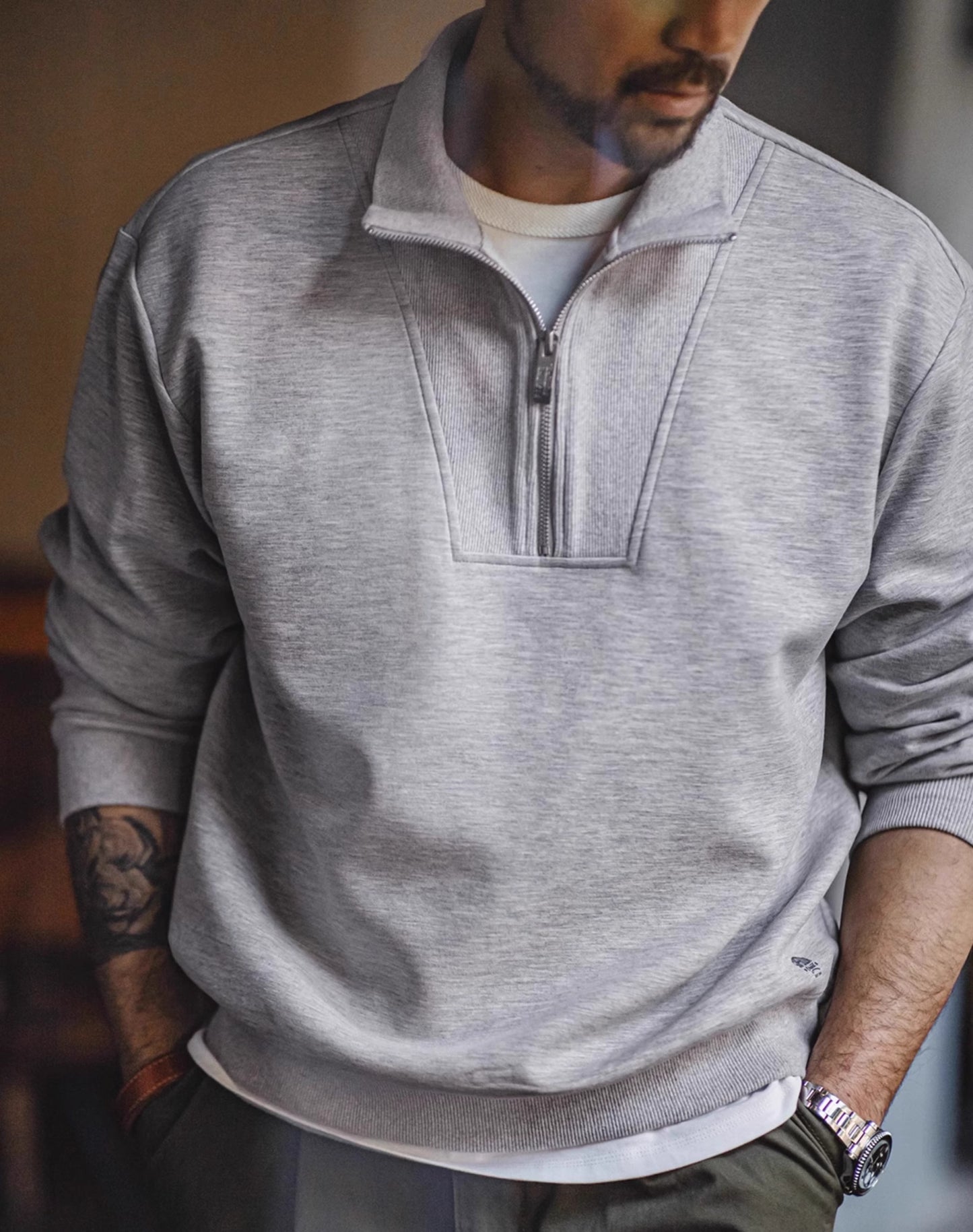 American Workwear Air Layer Half-Zip Spliced Men's Sweater - Harmony Gallery