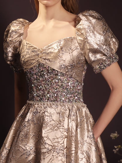 Luxurious Gold Jacquard Puff Sleeve Ball Gown with Sequin Bodice - Harmony Gallery