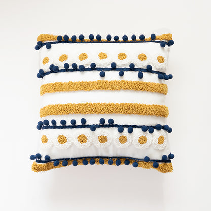 Nautical Charm Gold Accent Textured Throw Pillows with Pom-Pom Details - Harmony Gallery