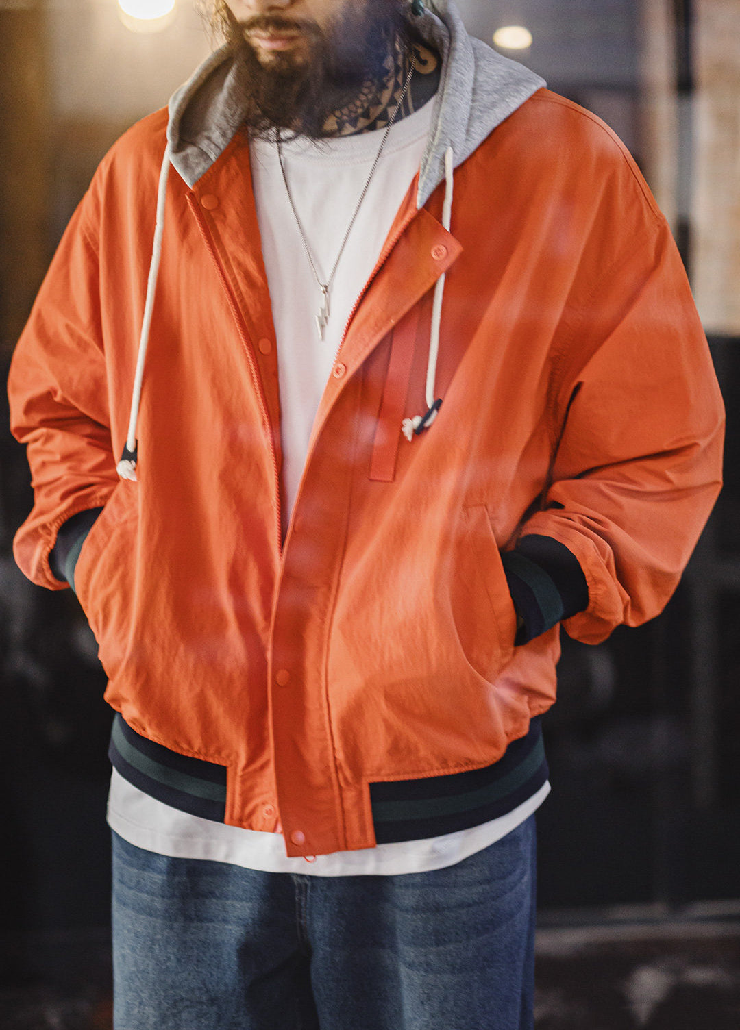 American Patchwork Color Block Hooded Short Thin Cardigan Men's Jacket