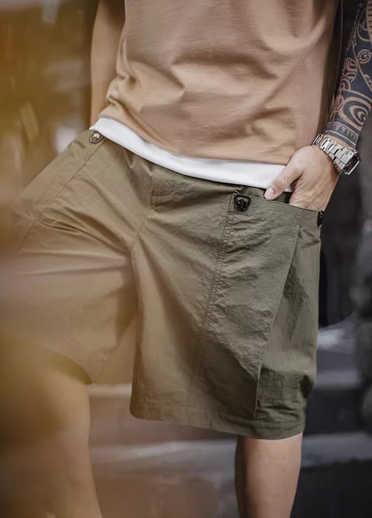 American Retro Army Green Accordion Pocket Straight Thin Men's Shorts - Harmony Gallery