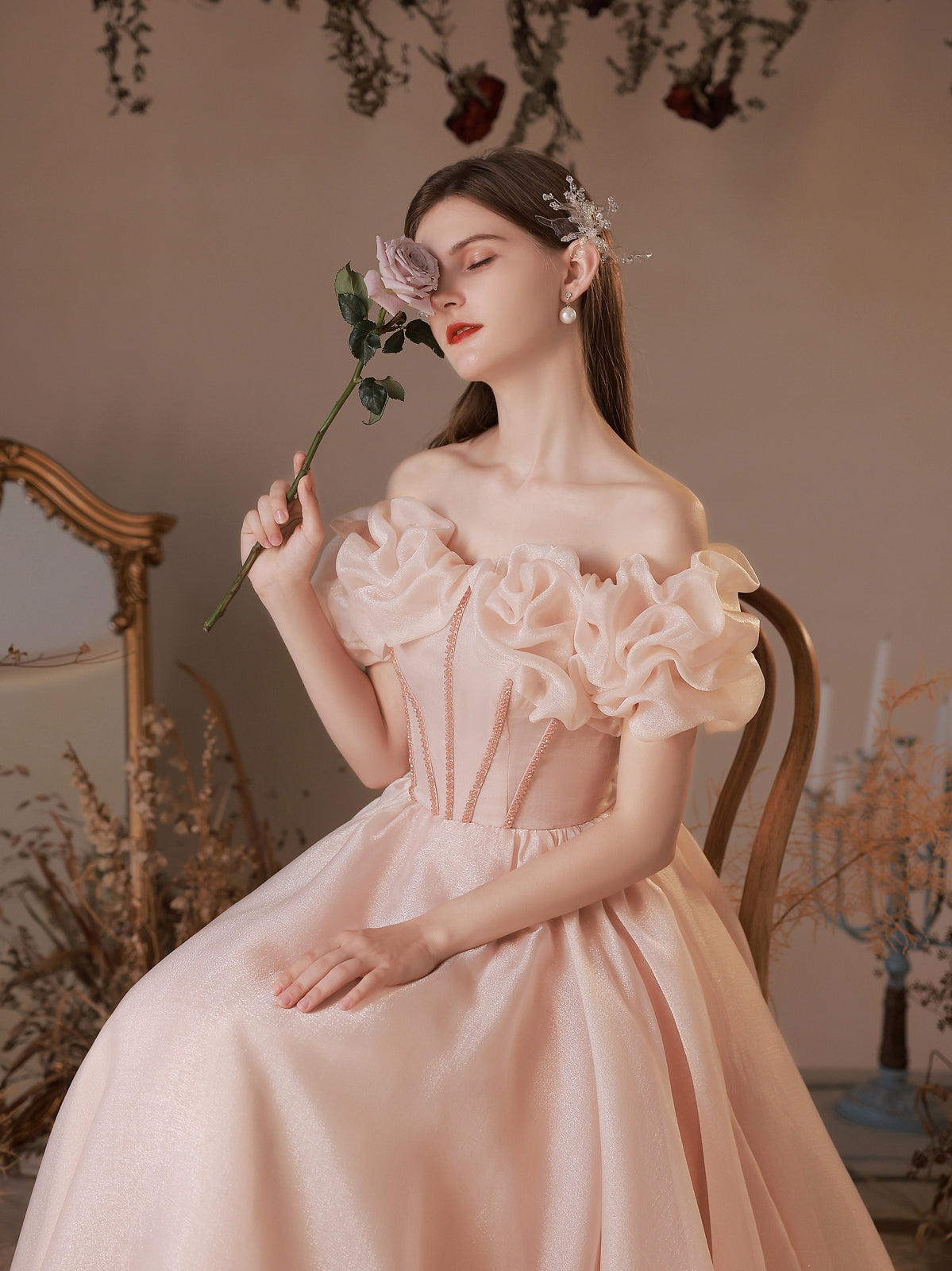 Fairytale Blush Pink Off-Shoulder Ball Gown with Ruffled Bodice - Harmony Gallery