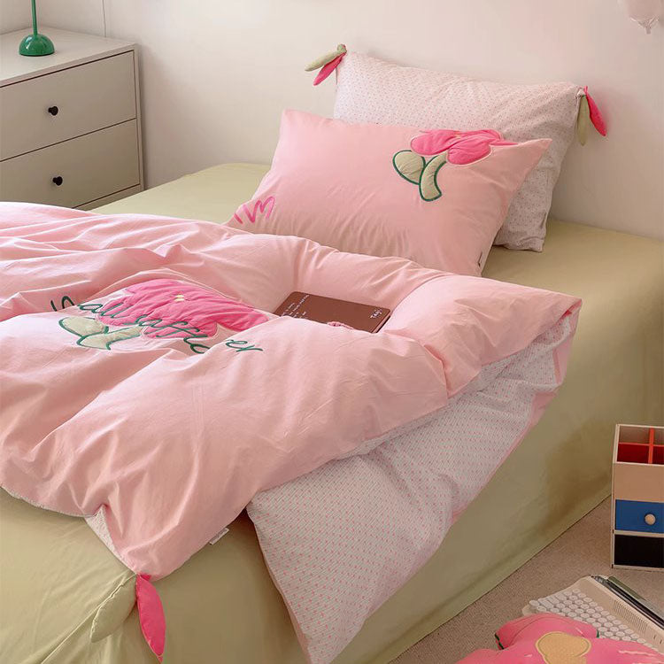 Girly Flower Pink Washed Four-Piece Pure Cotton Super Soft Bed Set - Harmony Gallery