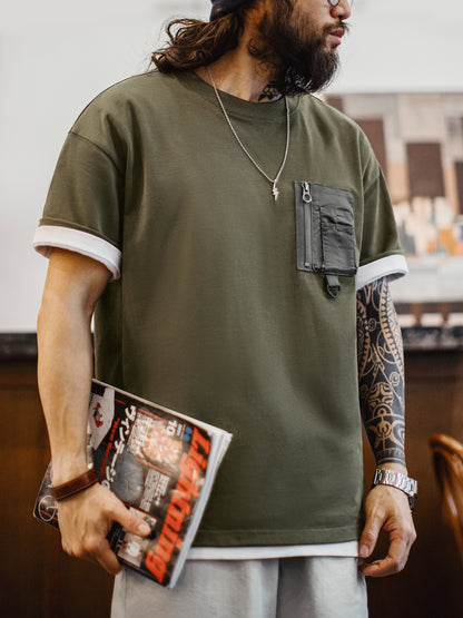 American Retro Army Green Pocket Mountain Knitted Heavy Men's T-Shirt - Harmony Gallery