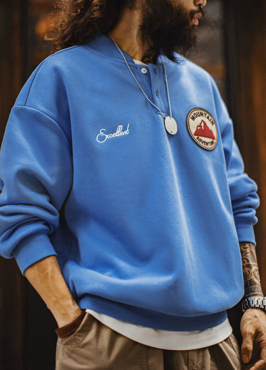 American Henley Collar Fleece-Lined Knitted Patch Embroidered Men's Sweater - Harmony Gallery