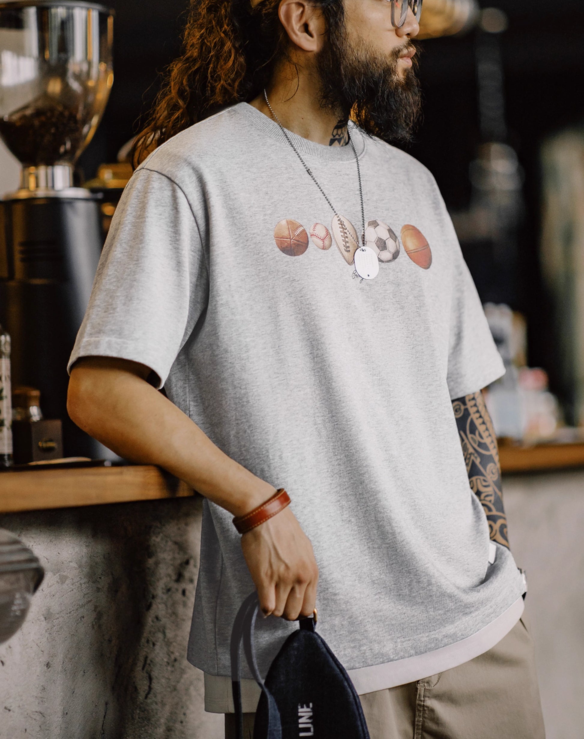 American Retro Ball Elements Digital Print Street Cotton Men's T-Shirt - Harmony Gallery
