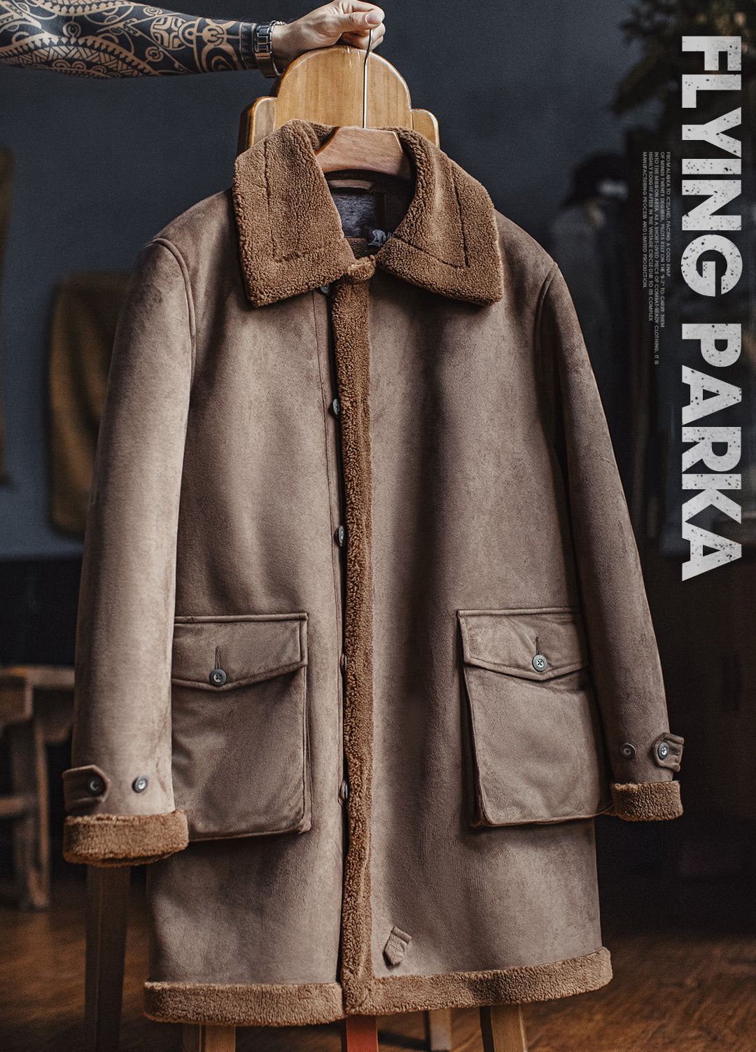American Retro B7 Suede Parka Mid-Length Faux Lambswool Thickened Men's Coat - Harmony Gallery
