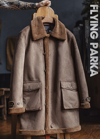 American Retro B7 Suede Parka Mid-Length Faux Lambswool Thickened Men's Coat - Harmony Gallery