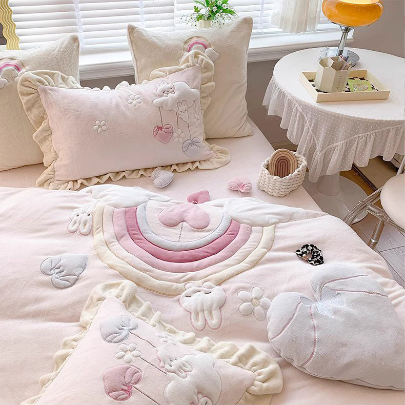 Princess Rainbow Heart Cartoon Cute Coral Velvet Four-Piece Bed Set - Harmony Gallery