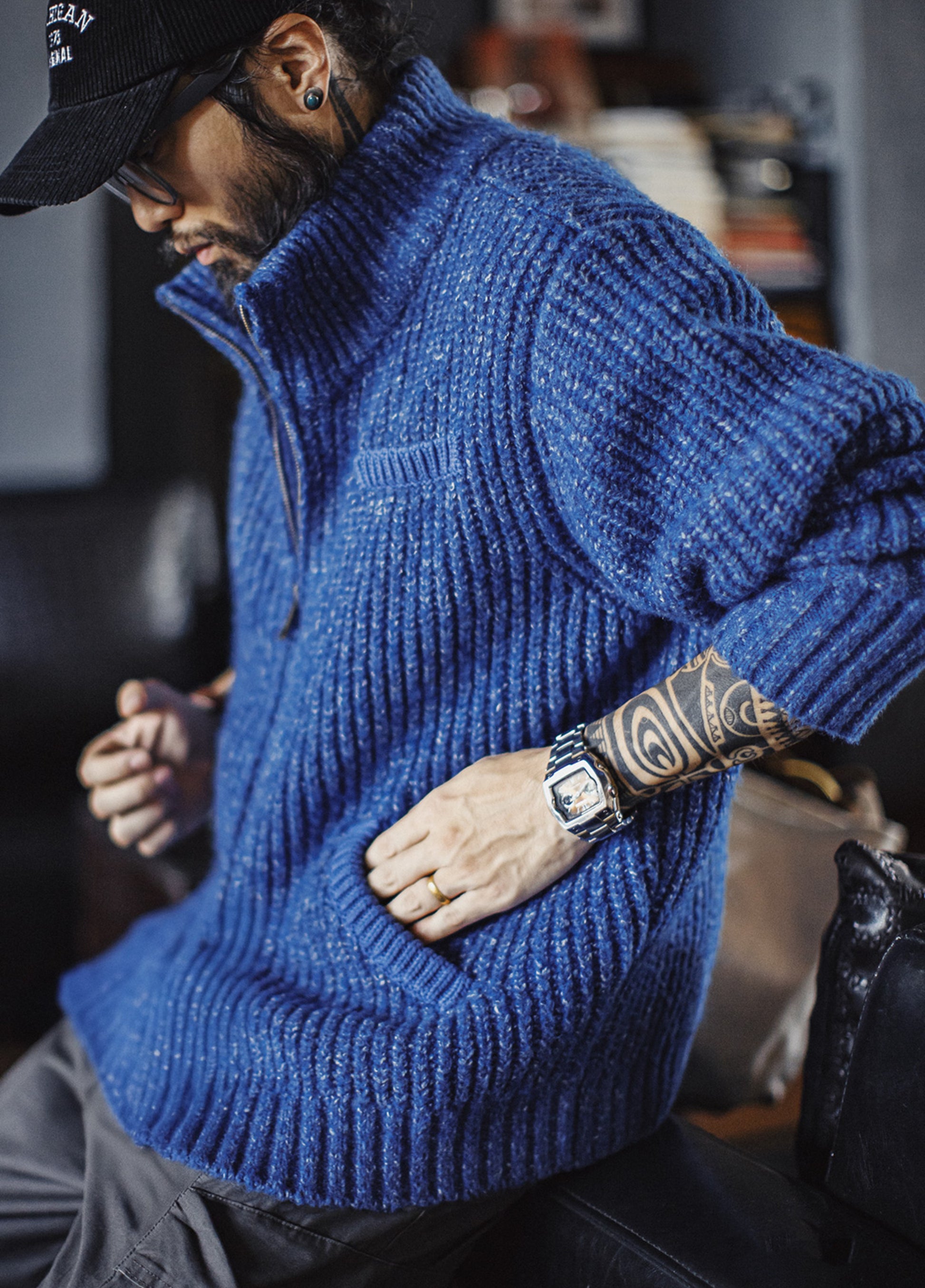 American Ice Blue Cardigan Thick High Neck Warm Knitwear Winter Men's Jacket - Harmony Gallery