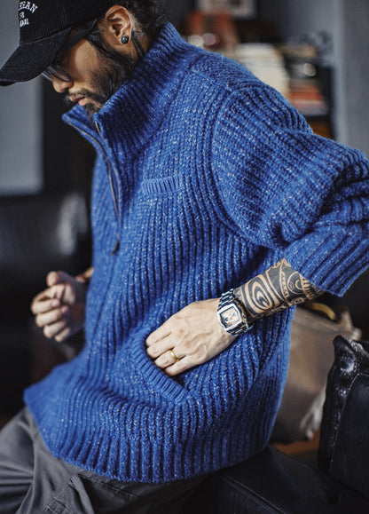 American Ice Blue Cardigan Thick High Neck Warm Knitwear Winter Men's Jacket - Harmony Gallery