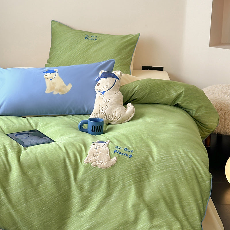 Cartoon Cute Green Puppy Pure Cotton Skin-Friendly Four-Piece Bed Set - Harmony Gallery