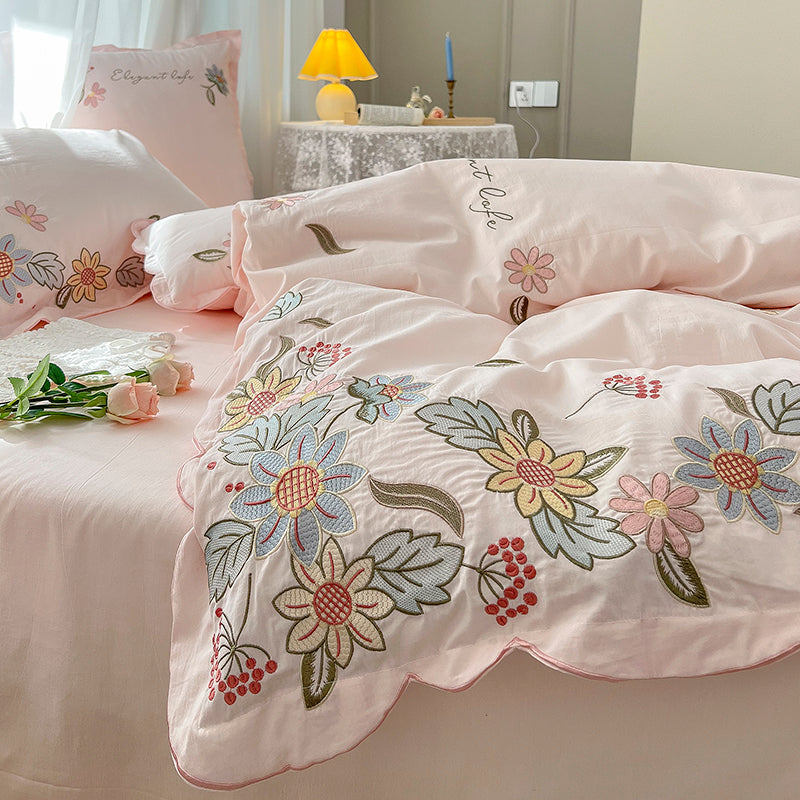 Pure Washed Cotton Floral Embroidery Pastoral Four-Piece Bed Set - Harmony Gallery