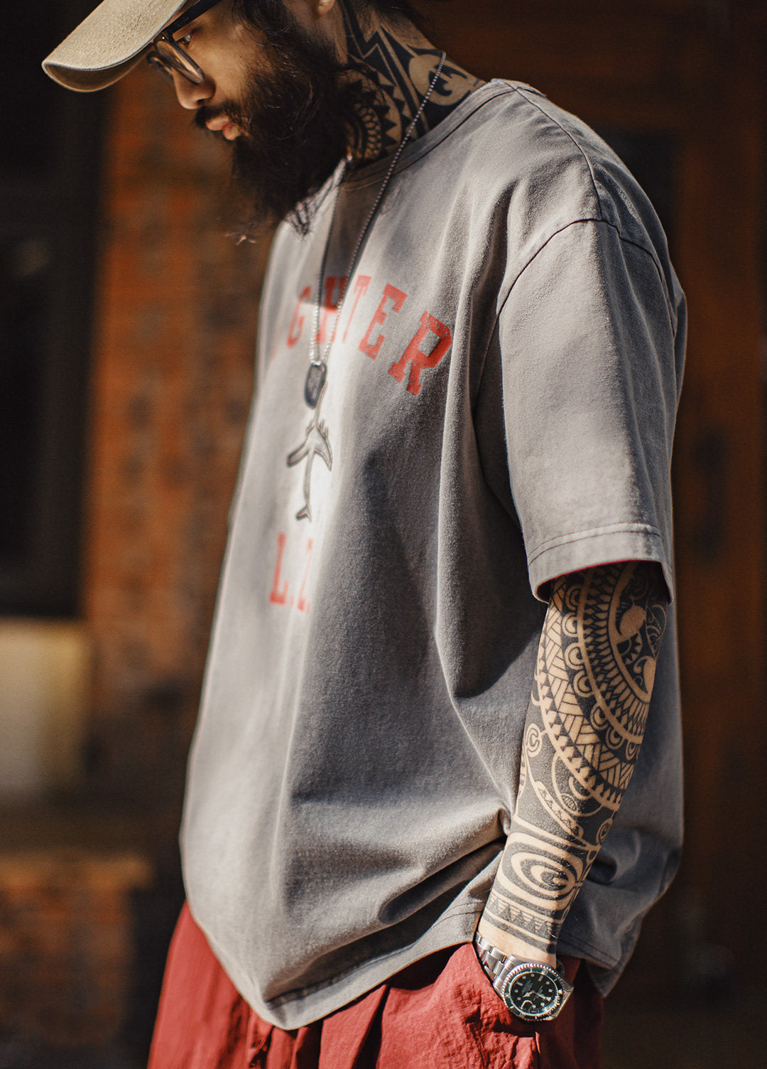 American Retro Heavyweight Embroidered Print Oversized Men's T-Shirt