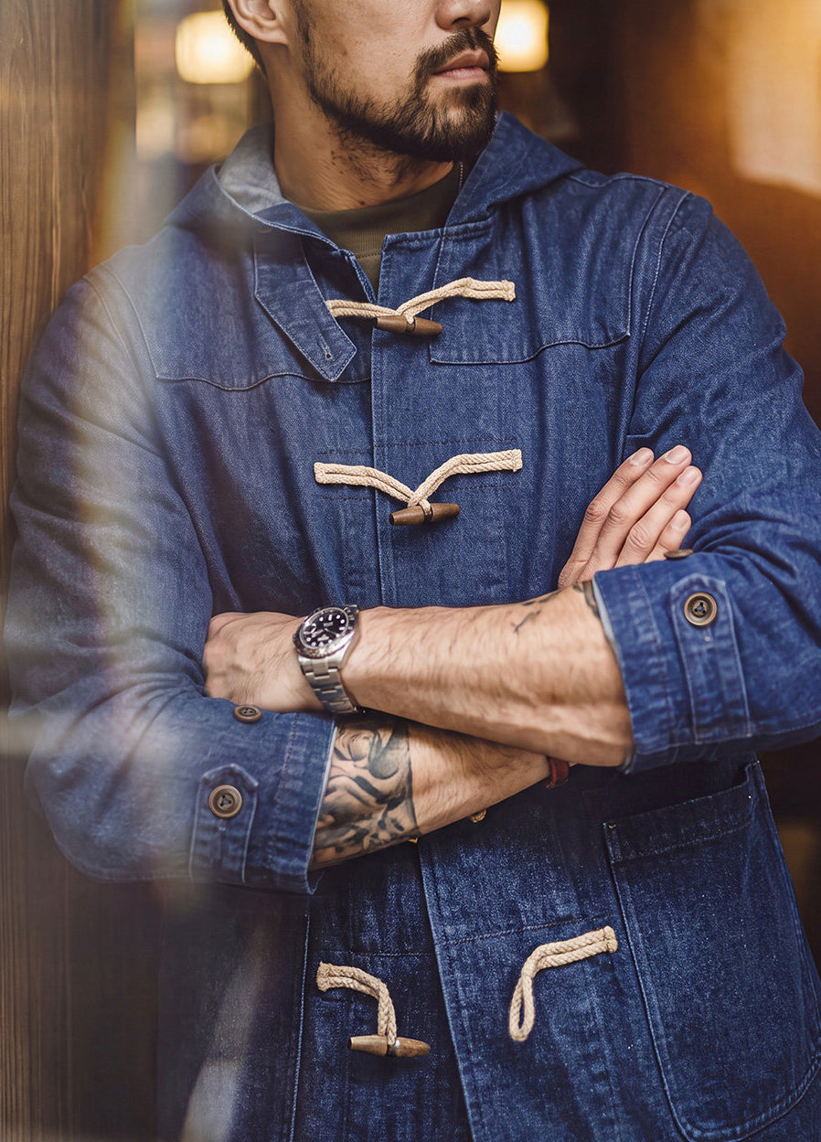 American Horn Button Hooded Windbreaker Mid-Length Denim Men's Coat