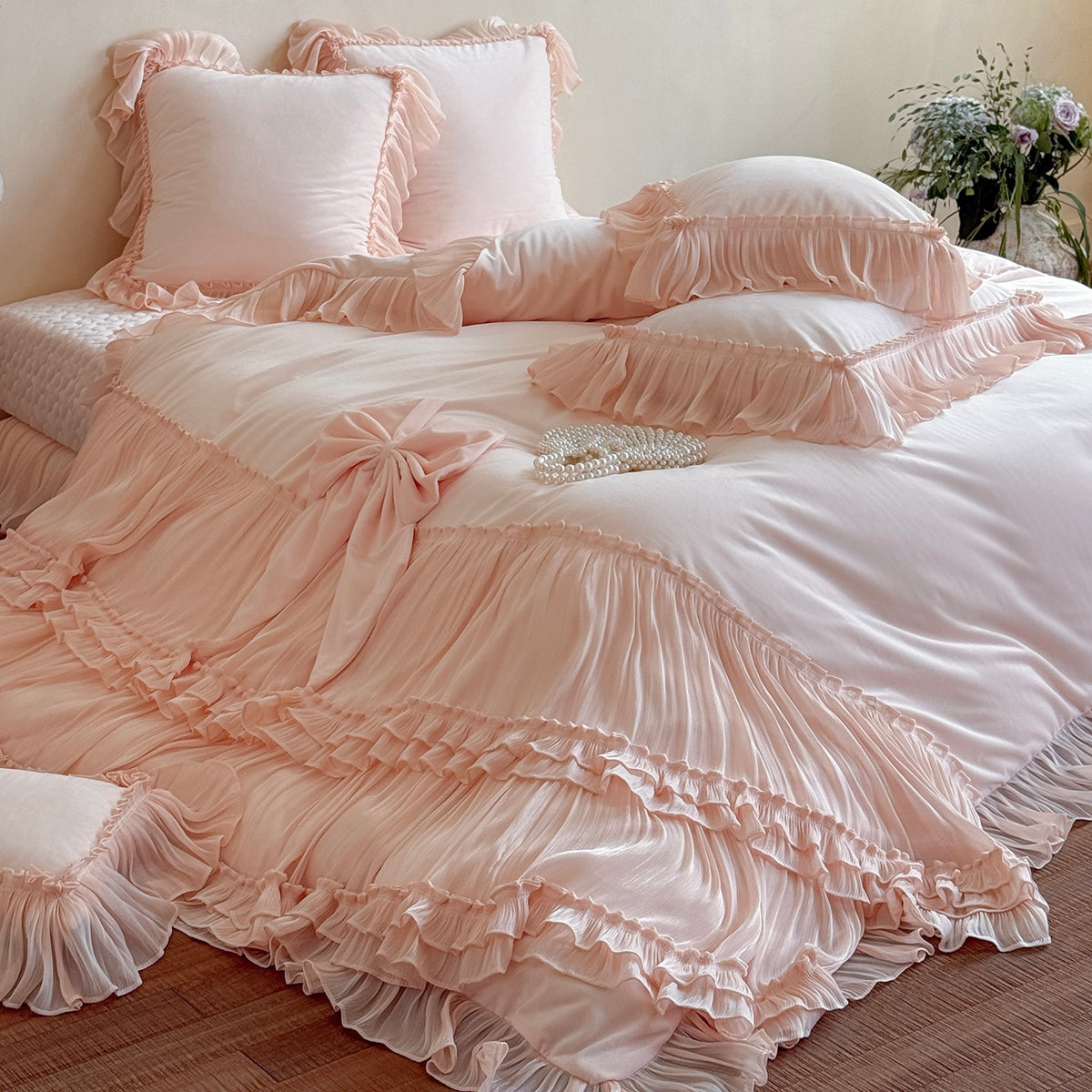 French Princess Thickened Bow Matte Warm Coral Fleece Four-Piece Bed Set - Harmony Gallery