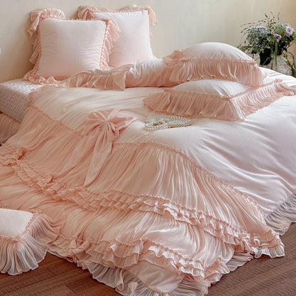 French Princess Thickened Bow Matte Warm Coral Fleece Four-Piece Bed Set - Harmony Gallery