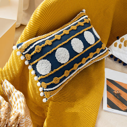 Nautical Charm Gold Accent Textured Throw Pillows with Pom-Pom Details - Harmony Gallery