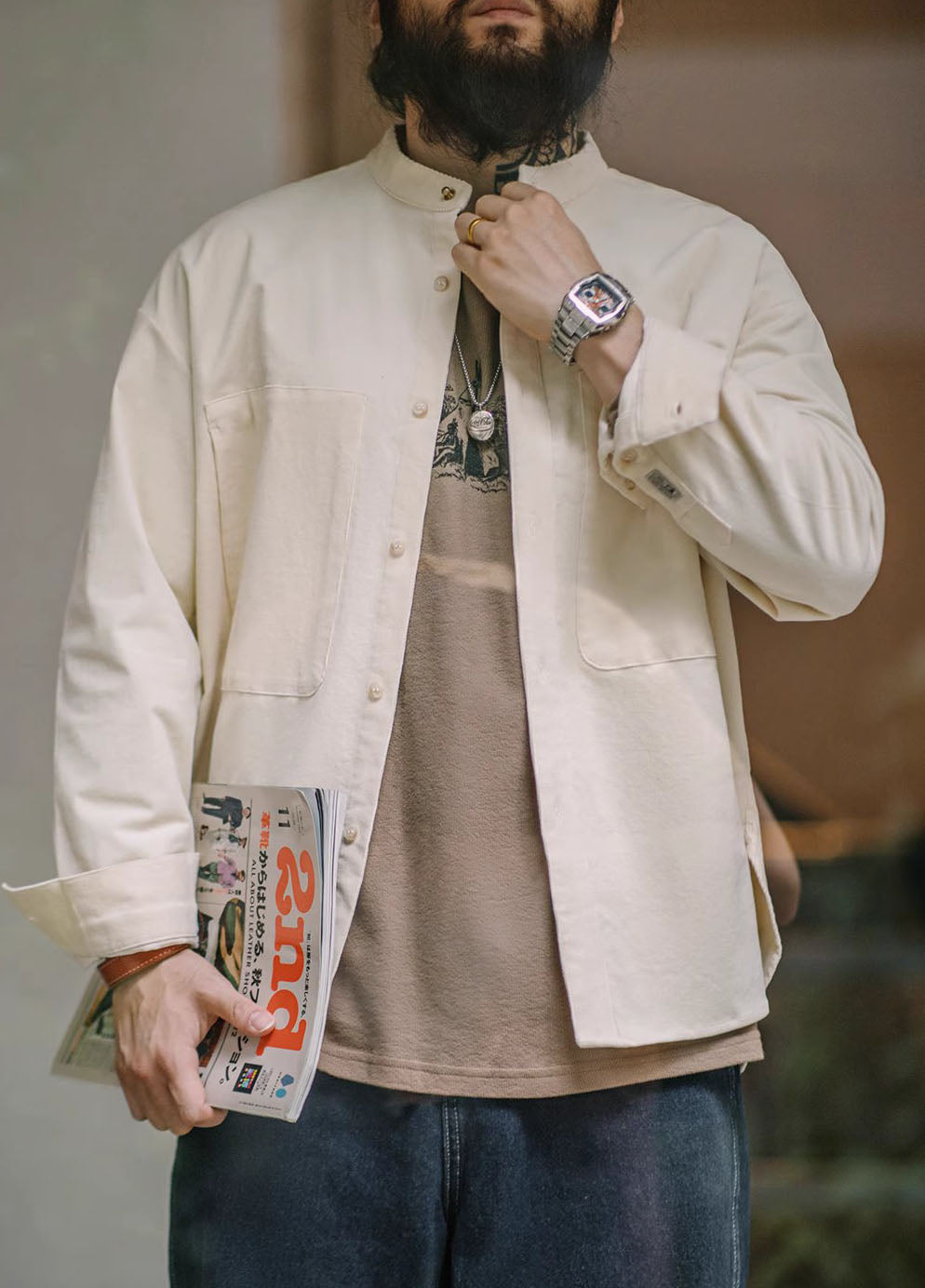 American Retro Workwear Corduroy Collarless Loose Men's Shirt - Harmony Gallery