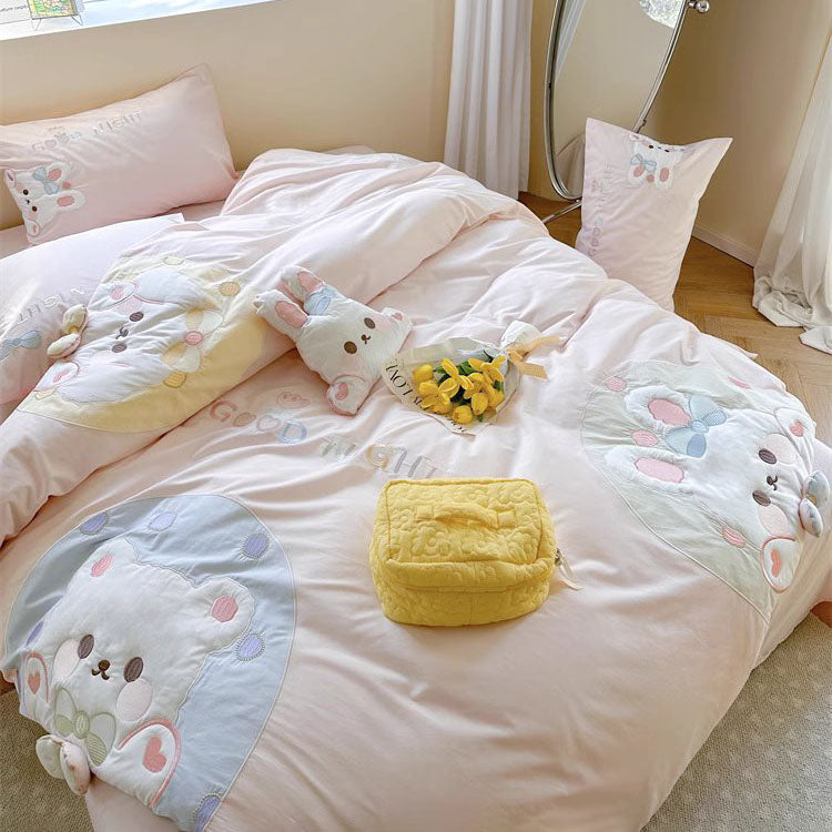 Cute Girly Bear Cub Washed Four-Piece Pure Cotton Bed Set - Harmony Gallery