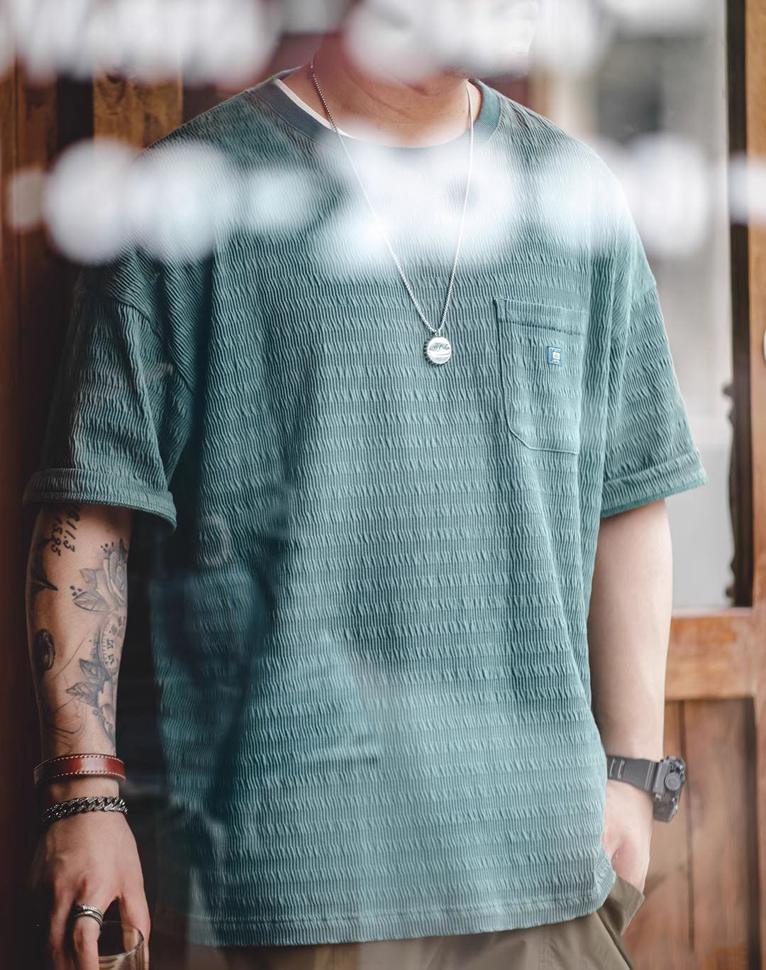 American Casual Dark Pattern Jacquard Knitted Pocket Men's T-Shirt - Harmony Gallery