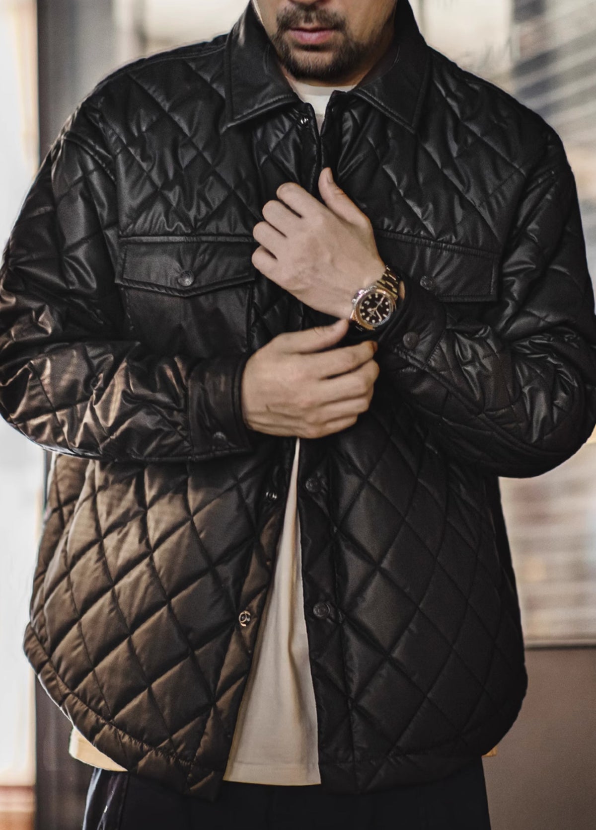 American Retro Quilted Diamond Check Keep Warm No Hood Men's Jacket - Harmony Gallery