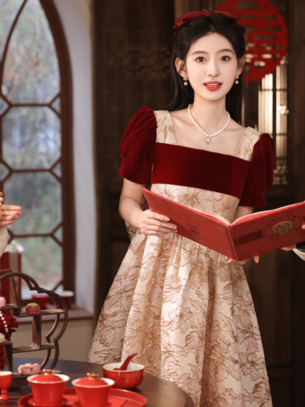 Vintage-Inspired Floral Jacquard Ball Gown with Velvet Accents - Harmony Gallery