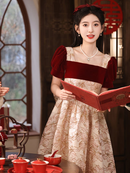 Vintage-Inspired Floral Jacquard Ball Gown with Velvet Accents - Harmony Gallery