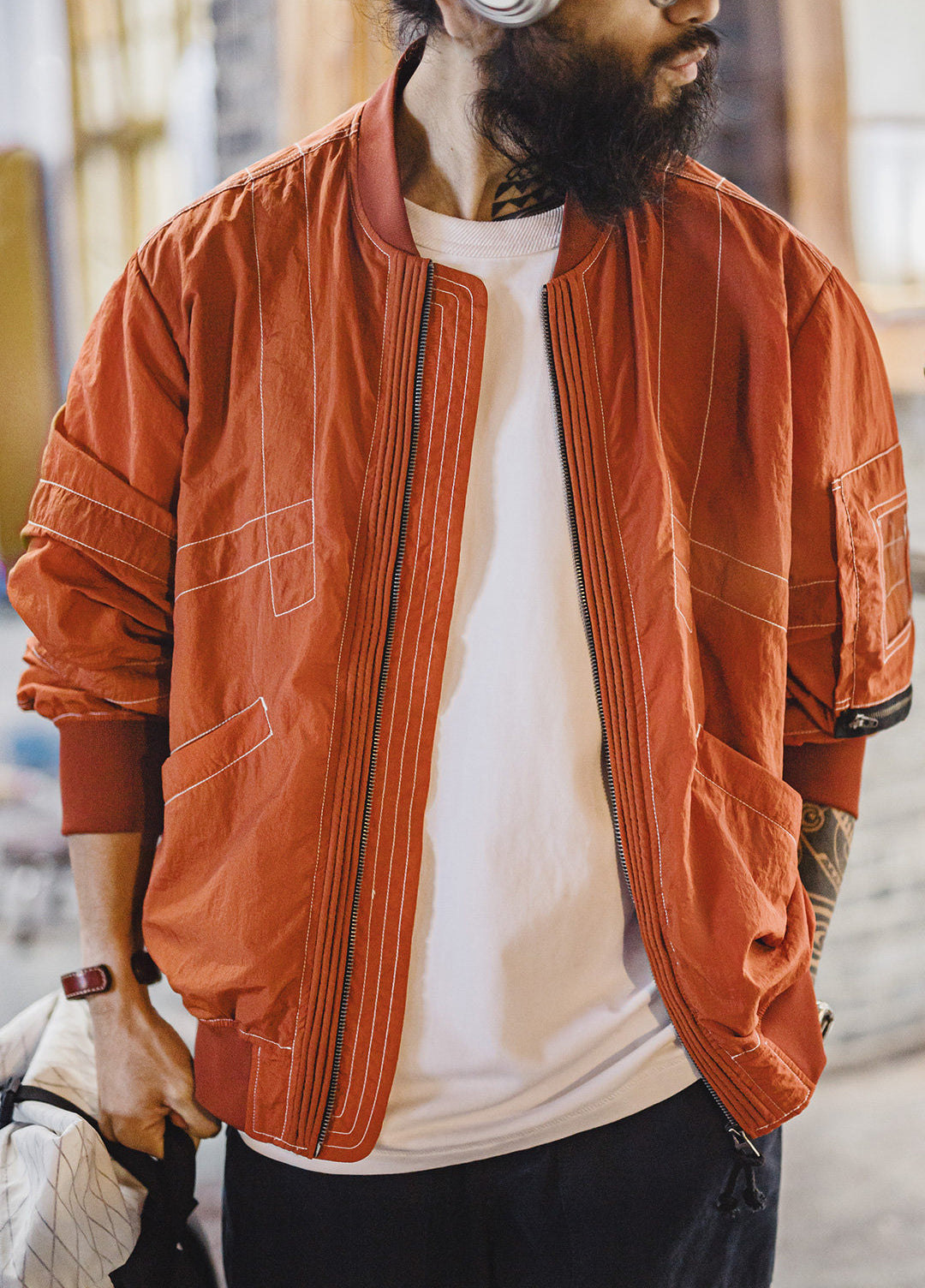 American Bright Line Bomber Pilot Thin Brick Red Baseball Men's Jacket