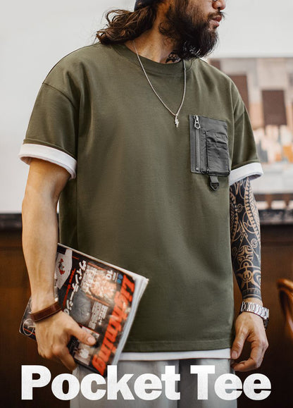 American Retro Army Green Pocket Mountain Knitted Heavy Men's T-Shirt - Harmony Gallery