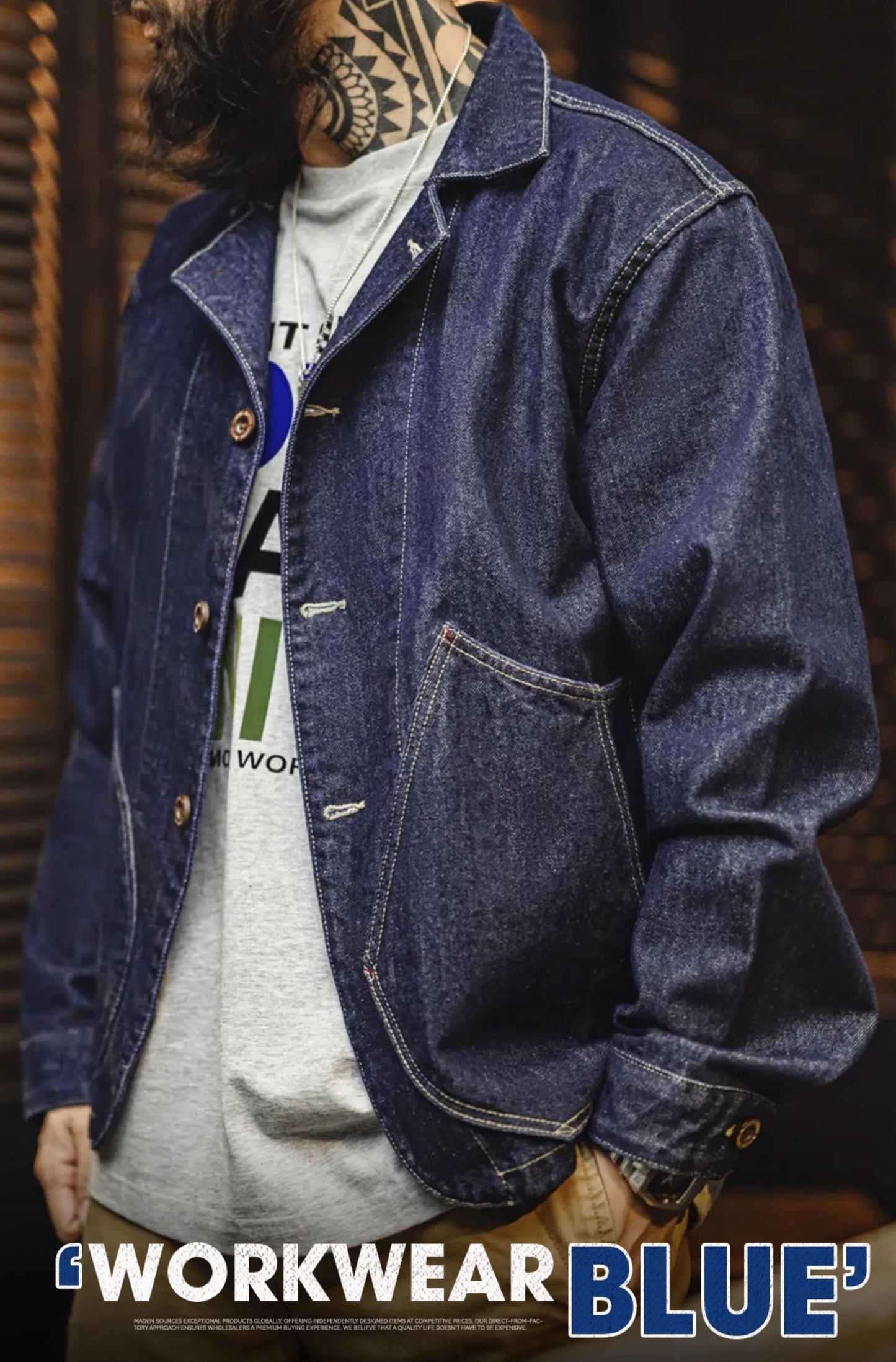 French Workwear Retro Washed Denim Blue Cuban Men's Jacket - Harmony Gallery