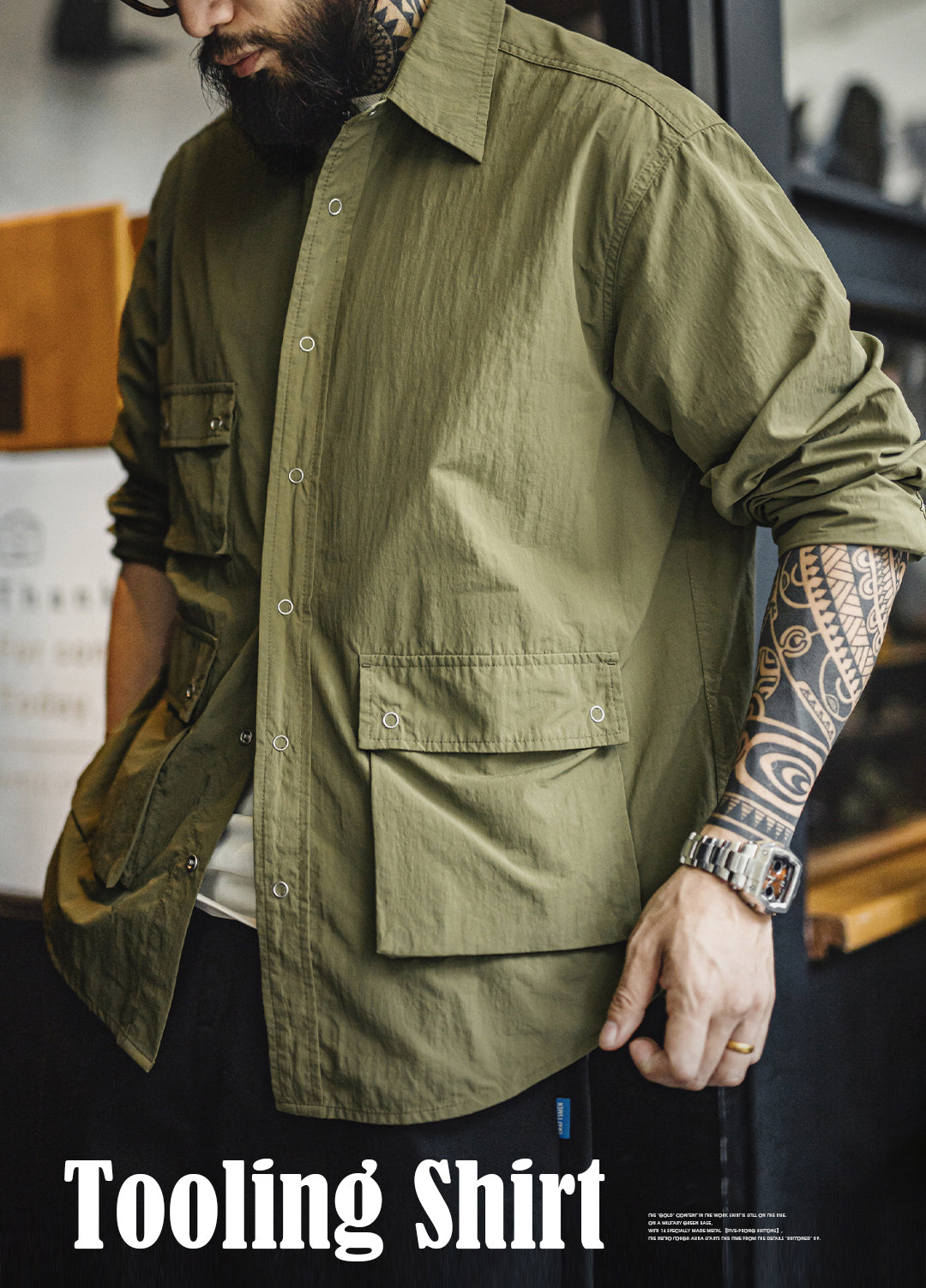 American Retro Pleated Outdoor Leisure Multi-Pocket Conventional Men's Shirt - Harmony Gallery