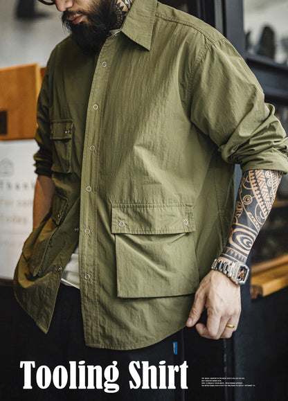 American Retro Pleated Outdoor Leisure Multi-Pocket Conventional Men's Shirt - Harmony Gallery