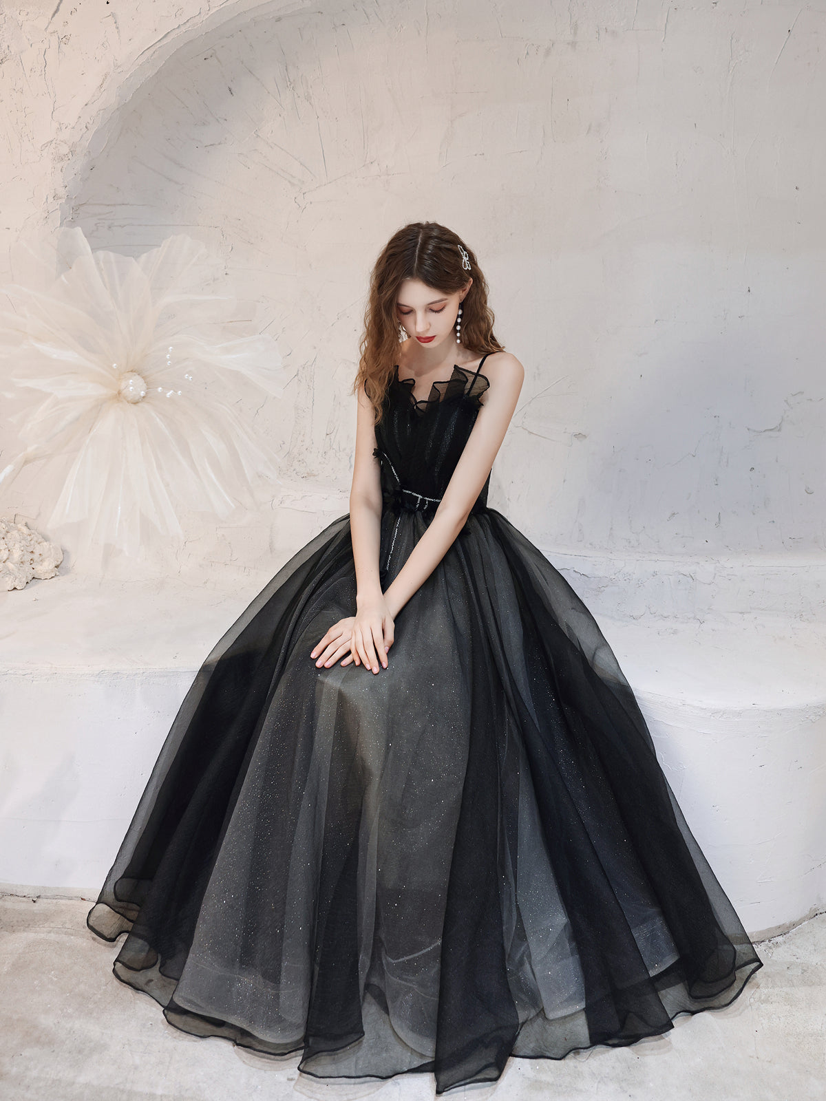 Elegant Black Sparkling Tulle Ball Gown with Ruffled Bodice - Harmony Gallery